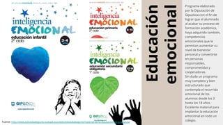 Educación
emocional
Programa elaborado
por la Diputación de
Gipuzkoa con el fin de
lograr que el alumnado
al acabar su proceso de
formación académica,
haya adquirido también,
competencias
emocionales que le
permitan aumentar su
nivel de bienestar
personal y convertirse
en personas
responsables,
comprometidas y
cooperadoras.
Sin duda un programa
muy completo y bien
estructurado que
contempla el recorrido
emocional de los
alumnos desde los 3
hasta los 18 años.
Excelente material para
implantar la educación
emocional en todo un
colegio.Fuente: http://www.eskolabakegune.euskadi.eus/web/eskolabakegune/material-de-la-diputacion-de-guipuzcoa
 