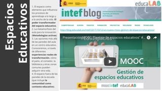 Espacios
Educativos
1. El espacio como
elemento que influencia
los procesos de
aprendizaje a lo largo y
a lo ancho de la vida. El
poder transformador
del espacio educativo.
2. La metamorfosis del
aula para la innovación
(Metodologías activas)
3. Las opciones más allá
de las paredes del aula
en un centro educativo.
Conoceremos, a través
de diferentes
experiencias reales de
transformación, cómo
el patio, el comedor, la
biblioteca y otras zonas
comunes pueden
adquirir otra vida.
4. El espacio fuera de las
paredes de la escuela
(que incluye la
comunidad como
contexto educativo).
http://blog.educalab.es/intef/2017/10/12/un-nuevo-mooc-gestion-de-espacios-educativos/
 