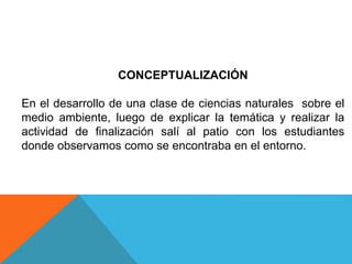 CONCEPTUALIZACIÓN
En el desarrollo de una clase de ciencias naturales sobre el
medio ambiente, luego de explicar la temática y realizar la
actividad de finalización salí al patio con los estudiantes
donde observamos como se encontraba en el entorno.