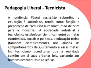 A tendência liberal tecnicista subordina a
educação à sociedade, tendo como função a
preparação de "recursos humanos" (mão-de-obra
para a indústria). A sociedade industrial e
tecnológica estabelece (cientificamente) as metas
econômicas, sociais e políticas, a educação treina
(também cientificamente) nos alunos os
comportamentos de ajustamento a essas metas.
No tecnicismo acredita-se que a realidade
contém em si suas próprias leis, bastando aos
homens descobri-las e aplicá-las.
Pedagogia Liberal - Tecnicista
 