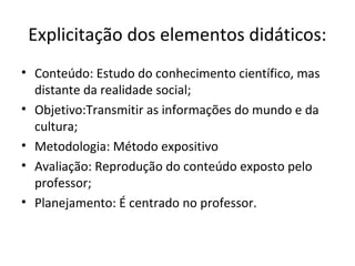 Explicitação dos elementos didáticos:
• Conteúdo: Estudo do conhecimento científico, mas
distante da realidade social;
• Objetivo:Transmitir as informações do mundo e da
cultura;
• Metodologia: Método expositivo
• Avaliação: Reprodução do conteúdo exposto pelo
professor;
• Planejamento: É centrado no professor.
 