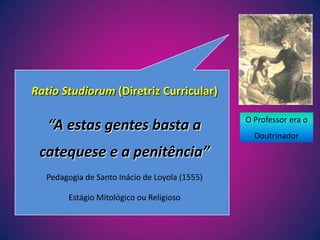RatioStudiorum(Diretriz Curricular)“A estas gentes basta a catequese e a penitência”Pedagogia de Santo Inácio de Loyola (1555)Estágio Mitológico ou ReligiosoO Professor era oDoutrinador