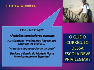 5ª) ESCOLA PARABÓLICA1996 – Lei 9394/96Padrões curriculares comunsJustificativa: “Professores fingem que ensinam, os alunos...”“A escola chegou ao fundo do poço”Desloca a Escola do Modelo Norte Americano para o Espanhol.O QUE O CURRÍCULO DESSA ESCOLA DEVE PRIVILEGIAR?