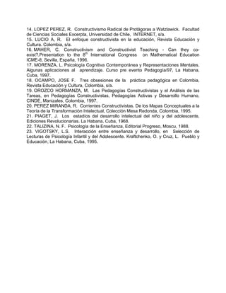 14. LOPEZ PEREZ, R. Constructivismo Radical de Protágoras a Watzlawick. Facultad
de Ciencias Sociales Excerpta, Universidad de Chile, INTERNET, s/a.
15. LUCIO A, R. El enfoque constructivista en la educación, Revista Educación y
Cultura. Colombia, s/a.
16. MAHER, C. Constructivism and Constructivist Teaching - Can they co-
exist?.Presentation to the 8th
International Congress on Mathematical Education
ICME-8, Sevilla, España, 1996.
17. MORENZA, L. Psicología Cognitiva Contemporánea y Representaciones Mentales.
Algunas aplicaciones al aprendizaje. Curso pre evento Pedagogía/97, La Habana,
Cuba, 1997.
18. OCAMPO, JOSE F. Tres obsesiones de la práctica pedagógica en Colombia,
Revista Educación y Cultura, Colombia, s/a.
19. OROZCO HORMANZA, M. Las Pedagogías Constructivistas y el Análisis de las
Tareas, en Pedagogías Constructivistas, Pedagogías Activas y Desarrollo Humano,
CINDE, Manizales, Colombia, 1997.
20. PEREZ MIRANDA, R. Corrientes Constructivistas. De los Mapas Conceptuales a la
Teoría de la Transformación Intelectual, Colección Mesa Redonda, Colombia, 1995.
21. PIAGET, J. Los estadíos del desarrollo intelectual del niño y del adolescente,
Ediciones Revolucionarias. La Habana, Cuba, 1968.
22. TALIZINA, N. F. Psicología de la Enseñanza, Editorial Progreso, Moscu, 1988.
23. VIGOTSKY, L.S. Interacción entre enseñanza y desarrollo, en Selección de
Lecturas de Psicología Infantil y del Adolescente. Kraftchenko, O. y Cruz, L. Pueblo y
Educación, La Habana, Cuba, 1995.
 