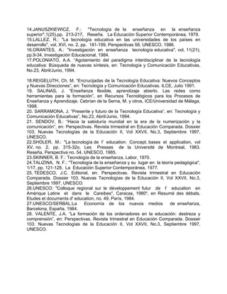 14.JANUSZKIEWICZ, F.: "Tecnología de la enseñanza en la enseñanza
superior",1(25),pp. 213-217, Reseña. La Educación Superior Contemporánea, 1979.
15.LALLEZ, R.: "La tecnología educativa en las universidades de los países en
desarrollo", vol, XVI, no. 2, pp. 181-199, Perspectivas 58, UNESCO, 1986.
16.ORANTES, A.: "Investigación en enseñanza tecnología educativa", vol, 11(21),
pp.9-34, Investigación Educacional, 1984.
17.POLONIATO, A.A. “Agotamiento del paradigma interdisciplinar de la tecnología
educativa: Búsqueda de nuevas síntesis, en: Tecnología y Comunicación Educativas,
No.23, Abril/Junio, 1994.
18.REIGELUTH, Ch. M. “Encrucijadas de la Tecnología Educativa: Nuevos Conceptos
y Nuevas Direcciones”, en: Tecnología y Comunicación Educativas. ILCE, Julio 1991.
19. SALINAS, J. “Enseñanza flexible, aprendizaje abierto. Las redes como
herramientas para la formación”, en Recursos Tecnológicos para los Procesos de
Enseñanza y Aprendizaje. Cebrían de la Serna, M. y otros, ICE/Universidad de Málaga,
1998.
20. SARRAMONA, J. “Presente y futuro de la Tecnología Educativa”, en: Tecnología y
Comunicación Educativas”, No.23, Abril/Junio, 1994.
21. SENDOV, B.: “Hacia la sabiduría mundial en la era de la numerización y la
comunicación”, en: Perspectivas. Revista trimestral en Educación Comparada. Dossier
103. Nuevas Tecnologías de la Educación II, Vol XXVII, No.3, Septiembre 1997,
UNESCO.
22.SHOLER, M.: "La tecnología de I' education: Concept, bases et application, vol
XV, no. 2, pp. 315-32o, Les Presses de la Université de Montreal, 1983.
Reseña, Perspectiva no. 54, UNESCO, 1985.
23.SKINNER, B. F.: Tecnología de la enseñanza, Labor, 1970.
24.TALIZINA, N. F.: "Tecnología de la enseñanza y su lugar en la teoría pedagógica",
1/17, pp. 121-128, La Educación Superior Contemporánea, 1977.
25. TEDESCO, J.C. Editorial, en: Perspectivas. Revista trimestral en Educación
Comparada. Dossier 103. Nuevas Tecnologías de la Educación II, Vol XXVII, No.3,
Septiembre 1997, UNESCO.
26.UNESCO: "Colloque regional sur le développement futur de l' education en
Amérique Latine et dans le Careibes", Caracas, 1980", en Resumé des débats,
Etudes et documents d' education, no. 49, París, 1984.
27.UNESCO/SERBAL:La Economía de los nuevos medios de enseñanza,
Barcelona, España, 1984.
28. VALENTE, J.A. “La formación de los ordenadores en la educación: destreza y
comprensión”, en: Perspectivas. Revista trimestral en Educación Comparada. Dossier
103. Nuevas Tecnologías de la Educación II, Vol XXVII, No.3, Septiembre 1997,
UNESCO.
 
