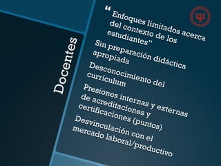 Docentes
} Enfoques limitados acerca
del contexto de los
estudiantes”Sin preparación didáctica
apropiada
Desconocimiento del
currículum
Presiones internas y externas
de acreditaciones y
certificaciones (puntos)
Desvinculación con el
mercado laboral/productivo
 