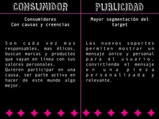 CONSUMIDOR

PUBLICIDAD

Consumidores
Con causas y creencias

Mayor segmentación del
target

S o n
c a d a
v e z
m a s
responsables, mas éticos,
buscan marcas y productos
que vayan en línea con sus
valores personales.
Quieren participar en una
causa, ser parte activa en
hacer de este mundo algo
mejor.

Los nuevos soportes
permiten mostrar un
mensaje único y personal
para el usuario,
convirtiendo el mensaje
e n
u n a
p i e z a
p e r s o n a l i z a d a
y
relevante.

 