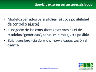Servicio externo en sectores aislados


• Modelos cerrados para el cliente (poca posibilidad
  de control o ajuste)
• El negocio de las consultoras externas es el de
  modelos “genéricos”, con el mínimo ajuste posible
• Baja transferencia de know-how y capacitación al
  cliente




                      www.dataminingperu.com
 