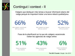 Contingut i context - II
Viatgers que dediquen més temps a buscar informació abans del
viatge perquè és important trobar una bona relació qualitat/preu

dels viatgers vacacionals
66% en el 2012

dels viatgers de negoci
56% en el 2012

dels viatgers de luxe
57% en el 2012

Fase de la planificació en la que els viatgers vacacionals
visiten les agències de viatge online

Estan considerant
pocs destins

Saben exactament
on aniran

Estan considerant
molts destins
The 2013 Traveler, Google , Nov 2013

 