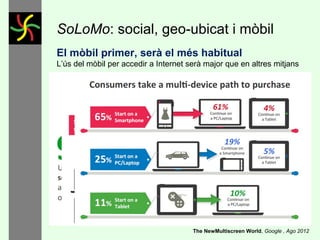 SoLoMo: social, geo-ubicat i mòbil
El mòbil primer, serà el més habitual
L’ús del mòbil per accedir a Internet serà major que en altres mitjans

 