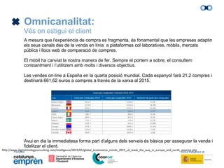 Promotors: Amb el finançament de:
Omnicanalitat:
Vés on estigui el client
A mesura que l'experiència de compra es fragmenta, és fonamental que les empreses adaptin
els seus canals des de la venda en línia a plataformes col·laboratives, mòbils, mercats
públics i llocs web de comparació de compres.
El mòbil ha canviat la nostra manera de fer. Sempre el portem a sobre, el consultem
constantment i l’utilitzem amb molts i diversos objectius.
Les vendes on-line a España en la quarta posició mundial. Cada espanyol farà 21,2 compres i
destinarà 661,62 euros a compres a través de la xarxa al 2015.
Avui en dia la immediatesa forma part d’alguns dels serveis és bàsica per assegurar la venda i
fidelitzar el client.
http://www.digitalstrategyconsulting.com/intelligence/2015/01/global_ecommerce_trends_2015_uk_leads_the_way_in_europe_and_north_america.php
 