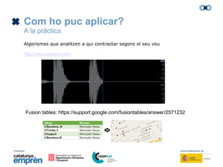Promotors: Amb el finançament de:
Com ho puc aplicar?
A la pràctica
Algorismes que analitzen a qui contractar segons el seu veu
http://www.jobaline.com
Fusion tables: https://support.google.com/fusiontables/answer/2571232
 