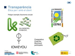 Promotors: Amb el finançament de:
Polígon exemple d’economia circular
Cooperativa
CoopTex
Moviment
participatiu
Transparència
Ètica per i amb el client
 
