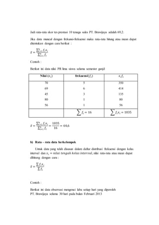 Jadi rata-rata skor tes prestasi 10 tenaga sales PT. Brawijaya adalah 69,2.
Jika data muncul dengan frekunsi-frekuensi maka rata-rata hitung atau mean dapat
ditentukan dengan cara berikut :
𝑥̅ =
∑ 𝑓𝑖 𝑥 𝑖
𝑛
𝑖=1
∑ 𝑓𝑖
𝑛
𝑖=1
Contoh :
Berikut ini data nilai PR lima siswa selama semester ganjil
Nilai (𝑥 𝑖) frekuensi(𝑓𝑖) 𝑥 𝑖 𝑓𝑖
70
69
45
80
56
5
6
3
1
1
350
414
135
80
56
∑ 𝑓𝑖 = 16 ∑ 𝑓𝑖 𝑥 𝑖 = 1035
𝑥̅ =
∑ 𝑓𝑖 𝑥 𝑖
𝑛
𝑖=1
∑ 𝑓𝑖
𝑛
𝑖=1
=
1035
16
= 64,6
b) Rata – rata data berkelompok
Untuk data yang telah disusun dalam daftar distribusi frekuensi dengan kelas
interval dan 𝑥 𝑖 = 𝑛𝑖𝑙𝑎𝑖 𝑡𝑒𝑛𝑔𝑎ℎ 𝑘𝑒𝑙𝑎𝑠 𝑖𝑛𝑡𝑒𝑟𝑣𝑎𝑙, nilai rata-rata atau mean dapat
dihitung dengan cara :
𝑥̅ =
∑ 𝑓𝑖 𝑥 𝑖
∑ 𝑓𝑖
Contoh :
Berikut ini data observasi mengenai laba setiap hari yang diperoleh
PT. Brawijaya selama 30 hari pada bulan Februari 2013
 