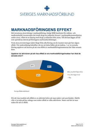 MARKNADSFÖRINGENS EFFEKT
Det investeras stora belopp i marknadsföring. Enligt IRM (institutet för reklam- och
mediestatistik) investerades det totalt drygt 62 miljarder kronor i marknadskommunikation
under 2010, vilket är en ökning med drygt 4 miljarder från 2009. Till det kan läggas all tid
som spenderas internt på företagens marknadsavdelningar.
Trots stora investeringar mäter långt ifrån alla företag om de insatser man gör har någon
effekt. Vår undersökning bekräftar vår tes att detta håller på att ändras. 7 av 10 svenska
företag upplever att kraven på att visa effekt av marknadsföringsinsatserna har ökat senaste
åren.

Upplever du att kraven på att visa effekt av era marknadsföringsinsatser har ökat de
senaste åren?




För att visa resultat och effekt av en aktivitet krävs att man mäter vad som händer. Därför
ville vi ta reda på hur många som mäter effekt av olika aktiviteter. Samt vad det är man
mäter för att se effekt.




Sveriges Marknadsförbund                                                              Sida 13 (17)
Tendensrapport 2011                                                            www.svemarknad.se
 