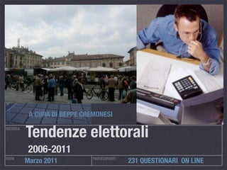 A CURA DI BEPPE CREMONESI
RICERCA
          Tendenze elettorali
           2006-2011
DATA                          PARTECIPANTI
          Marzo 2011                         231 QUESTIONARI ON LINE
 