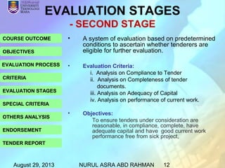 August 29, 2013 NURUL ASRA ABD RAHMAN 12
COURSE OUTCOME
OBJECTIVES
EVALUATION PROCESS
CRITERIA
EVALUATION STAGES
SPECIAL CRITERIA
OTHERS ANALYSIS
ENDORSEMENT
TENDER REPORT
• A system of evaluation based on predetermined
conditions to ascertain whether tenderers are
eligible for further evaluation.
• Evaluation Criteria:
i. Analysis on Compliance to Tender
ii. Analysis on Completeness of tender
documents.
iii. Analysis on Adequacy of Capital
iv. Analysis on performance of current work.
• Objectives:
To ensure tenders under consideration are
reasonable, in compliance, complete, have
adequate capital and have good current work
performance free from sick project,
EVALUATION STAGES
- SECOND STAGE
 