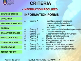 August 29, 2013 NURUL ASRA ABD RAHMAN 7
COURSE OUTCOME
OBJECTIVES
EVALUATION PROCESS
CRITERIA
EVALUATION STAGES
SPECIAL CRITERIA
OTHERS ANALYSIS
ENDORSEMENT
TENDER REPORT
INFORMATION FORMS
a) Borang A – Surat pengakuan kebenaran
maklumat dan kesahihan
dokumen yang dikemukakan
pentender
a) Borang B – Maklumat am latarbelakang pentender
b) Borang C – Data-data kewangan
c) Borang CA – Laporan Bank/Institusi Kewangan
d) Borang D – Rekod pengalaman kerja
e) Borang E – Kakitangan teknikal
f) Borang F – Keempunyaan loji dan peralatan
pembinaan asas
g) Borang G – Senarai kontrak kerja semasa
h) Borang GA-1 – Laporan Jurutera Projek (JKR)
i) Borang GA-2 – Laporan Jurutera Projek (Swasta)
CRITERIA
- INFORMATION REQUIRED
 