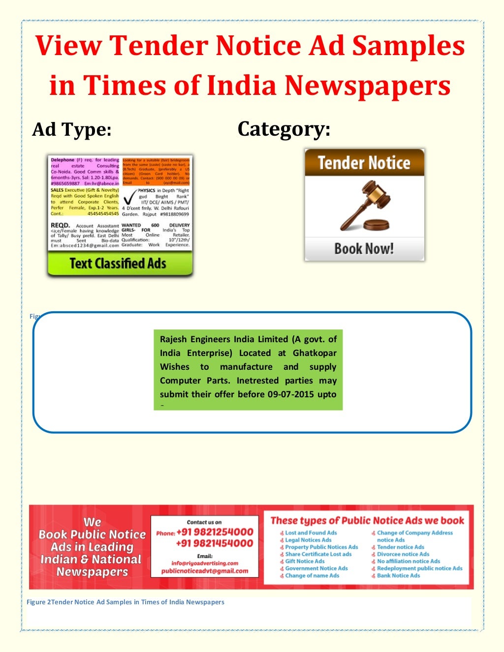 Tender notice ads Samples for Times of India Newspapers Tender Notice ads in Mumbai. Call 022
