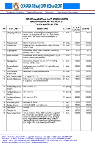 *Alat Peraga Pendidikan *Elektrikal Mekanikal *Komputer *Laboratorium *Percetakan
Office : Jl.Maulana Hasanudin No.52 Cipondoh-Tangerang Telp. (021) 55701397, Fax (021)55741107
Workshop : Jl. Kebon Besar No.22 Batu Ceper –Tangerang Telp.021-55702265 HP.0813.8053.7399
Cabang : Jln.Sui Raya Dalam Komp. Gria Husada Blok HH No 1 . Kec .SungaiRaya, Kab.KubuRaya –Pontianak
Website : www.asakaprima.com , E-mail : asakaprima@gmail.com
RENCANA ANGGARAN BIAYA DAN SPESIFIKASI
PENGADAAN IMPLANT REMOVAL KIT
TAHUN ANGGARAN 2014
NO NAMA ALAT SPESIFIKASI SATUAN
HARGA
SATUAN
JUMLAH
1 Utility tray with cover Bahan stainless steel, locking and unlocking mechanism
ukuran: 375-380 (L) x 185-200 (W) x 75-120 (H) mm tebal
bahan min 0,8 mm, standar kualitas Stainless steel 18-
10/304.
1 buah 375.000 375.000
2 Anestesi lokal lidocain 2% tanpa andrenalin 2 cc 20 ampul 25.000 500.000
3 Scapel blade bayonet type no 15, stainless steel CE marking Germany
Satin/Dul Finish
20 buah 13.000 260.000
4 Gagang pisau stainless steel (handle surgical knife size 3), CE marking
Germany Satin/Dul Finish
3 buah 5.000 15.000
5 Pinset anatomis stainless steel (Forcep dressing standard pattern, 5 ½”) CE
marking Germany Satin/Dul Finish
3 buah 40.000 120.000
6 Forceps artery stainlees steel, mosquito, crile, curved 5”, CE marking
Germany Satin/Dul Finish
3 buah 110.000 330.000
7 Forceps Fixation
Clamp
stainless steel, pean, straight 5 ½”, CE marking Germany
Satin/Dul Finish
6 buah 75.000 450.000
8 Non Allergenic
surgical tape
ukuran 2 x 6 cm packing sterile individual 20 buah 1.000 20.000
9 Auto Disable Srynge 3 ml, needle 23G x 1¼” 20 buah 2.400 48.000
10 Duk steril disposible Bahan kain non woven spundbond 70 gram, diameter lubang
5 cm, panjang antara 30-32 x 35-40 cm
20 buah 15.000 300.000
11 Handscone (sarung
tangan)
steril ukuran no. 6 ½, 10 pasang 20.000 200.000
12 Handscone (sarung
tangan)
steril ukuran no. , 7 10 pasang 20.000 200.000
13 Handscone (sarung
tangan)
steril ukuran no. 7 ½ 10 pasang 20.000 200.000
14 Absortbent gauze ball 1 pack @ 12 buah 6 pack 15.000 90.000
15 Cat gut chromic with needle 4/0 CE marking Germany 1 scht 65.000 65.000
16 Tensimeter air raksa 1 buah 327.000 327.000
17 Stethoscope duplex 1 buah 100.000 100.000
18 Tas untuk peralatan Terbuat dari bahan Polister D.600 warna hitam yang diberi
tali penjinjing dan resleting serta bagian dalam dilapisi pure
dengan ukuran disesuaikan dengan isi barang, dilengkapi
tulisan "Implant Removal Kit" DAK Bidang KB Tahun
2014 dengan logo institusi BKKBN dan logo Kabupaten dan
Kota dengan nama SKPD-KB Kabupaten dan Kota
1 buah 100.000 100.000
 
