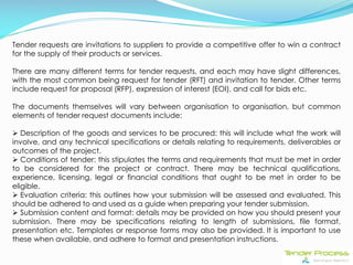 Tender requests are invitations to suppliers to provide a competitive offer to win a contract for the
supply of their prod...