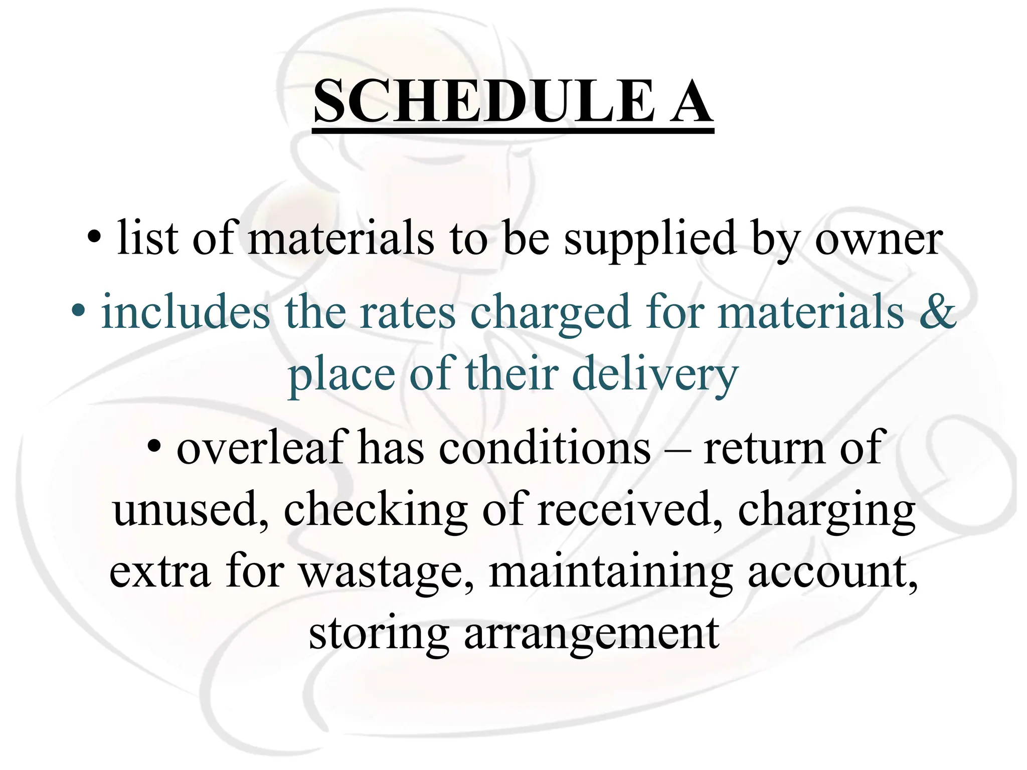 SCHEDULE A
• list of materials to be supplied by owner
• includes the rates charged for materials &
place of their delivery
• overleaf has conditions – return of
unused, checking of received, charging
extra for wastage, maintaining account,
storing arrangement
 