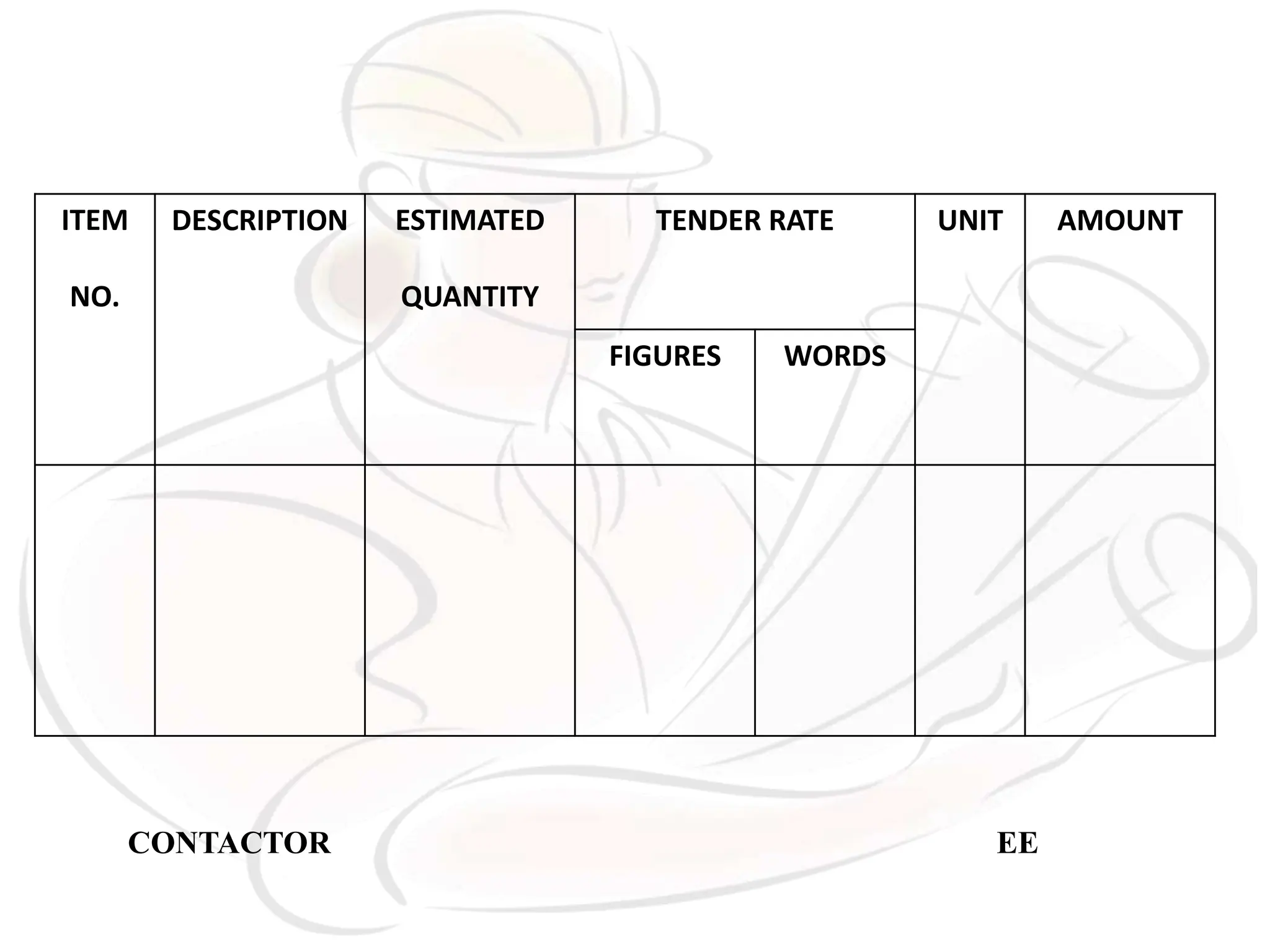 ITEM
NO.
DESCRIPTION ESTIMATED
QUANTITY
TENDER RATE UNIT AMOUNT
FIGURES WORDS
CONTACTOR EE
 