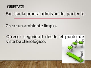 OBJETIVOS
Facilitar la pronta admisión del paciente.
Crear un ambiente limpio.
Ofrecer seguridad desde el punto de
vista bacteriológico.
 