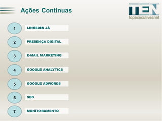 Ações Contínuas
1

LINKEDIN JÁ

2

PRESENÇA DIGITAL

3

E-MAIL MARKETING

4

GOOGLE ANALYTICS

5

GOOGLE ADWORDS

6

SEO

7

MONITORAMENTO

 