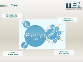 Prezi
Evolução do
Power Point

Prezi
& You Tube

Moderna
& Dinâmica

Desconto
Por Volume

 