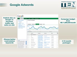 Google Adwords

Publish Ads on
Google to
increase
traffic and
sales on site

Choose better
cost/relation
keywords

Campaig...