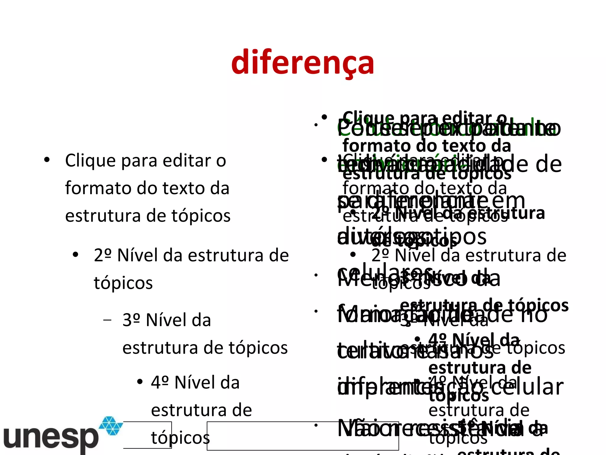 diferença *  Célula tronco adulta  * Célula tronco embrionária  * Pode ser extraída no indivíduo adulto para implante autólogo  * Menor risco da formação de teratomas nos implantes  * Não necessita da destruição obrigatória do embrião (blastocisto) para a sua obtenção  * Por ser pluripotente tem a capacidade de se diferenciar em diversos tipos celulares  * Maior facilidade no cultivo e na diferenciação celular  * Maior resistência a períodos longos de cultura  