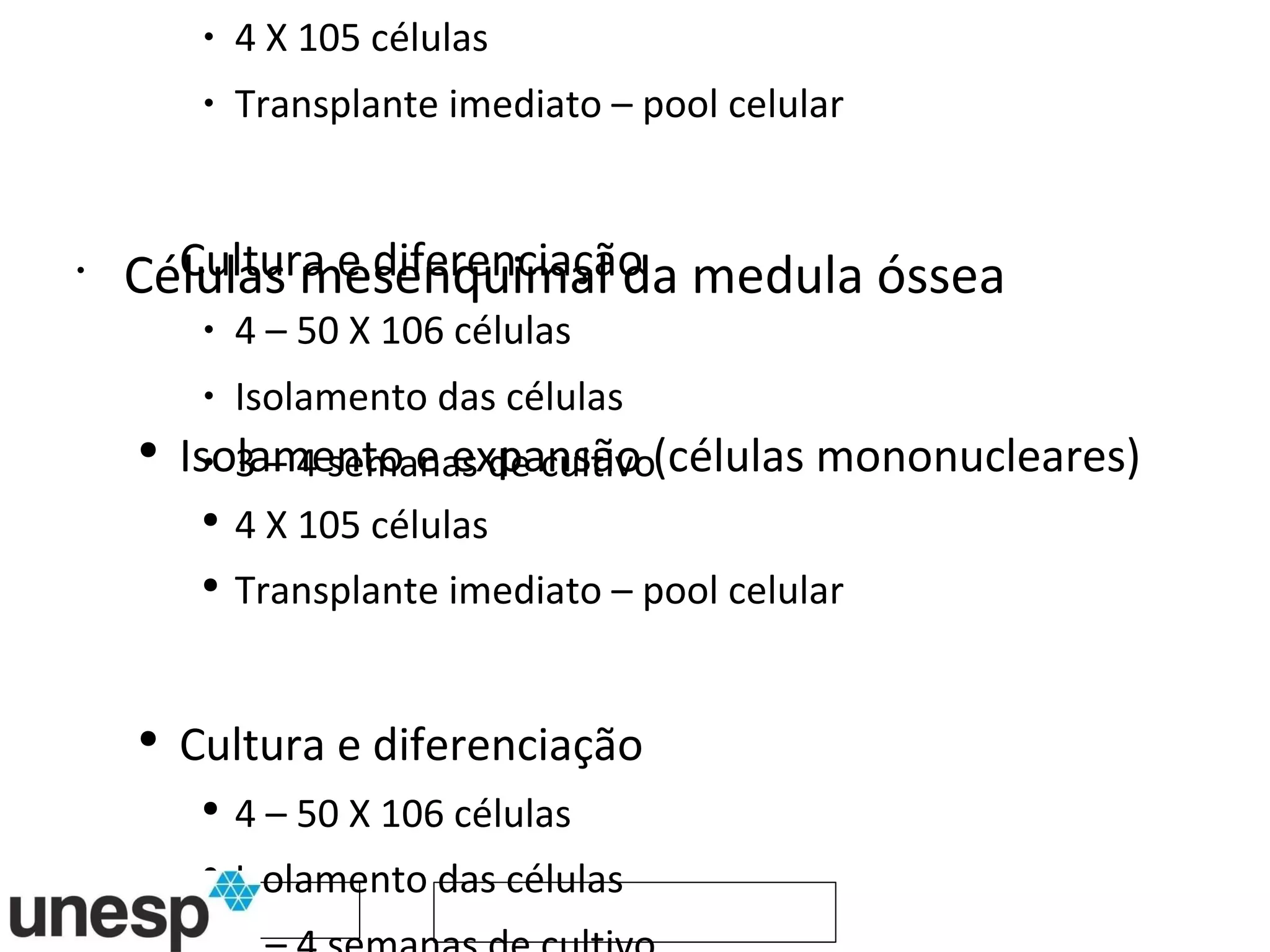 IMPLANTE CELULAR Células mesenquimal da medula óssea Isolamento e expansão (células mononucleares) 4 X 105 células Transplante imediato – pool celular Cultura e diferenciação 4 – 50 X 106 células Isolamento das células 3 – 4 semanas de cultivo 