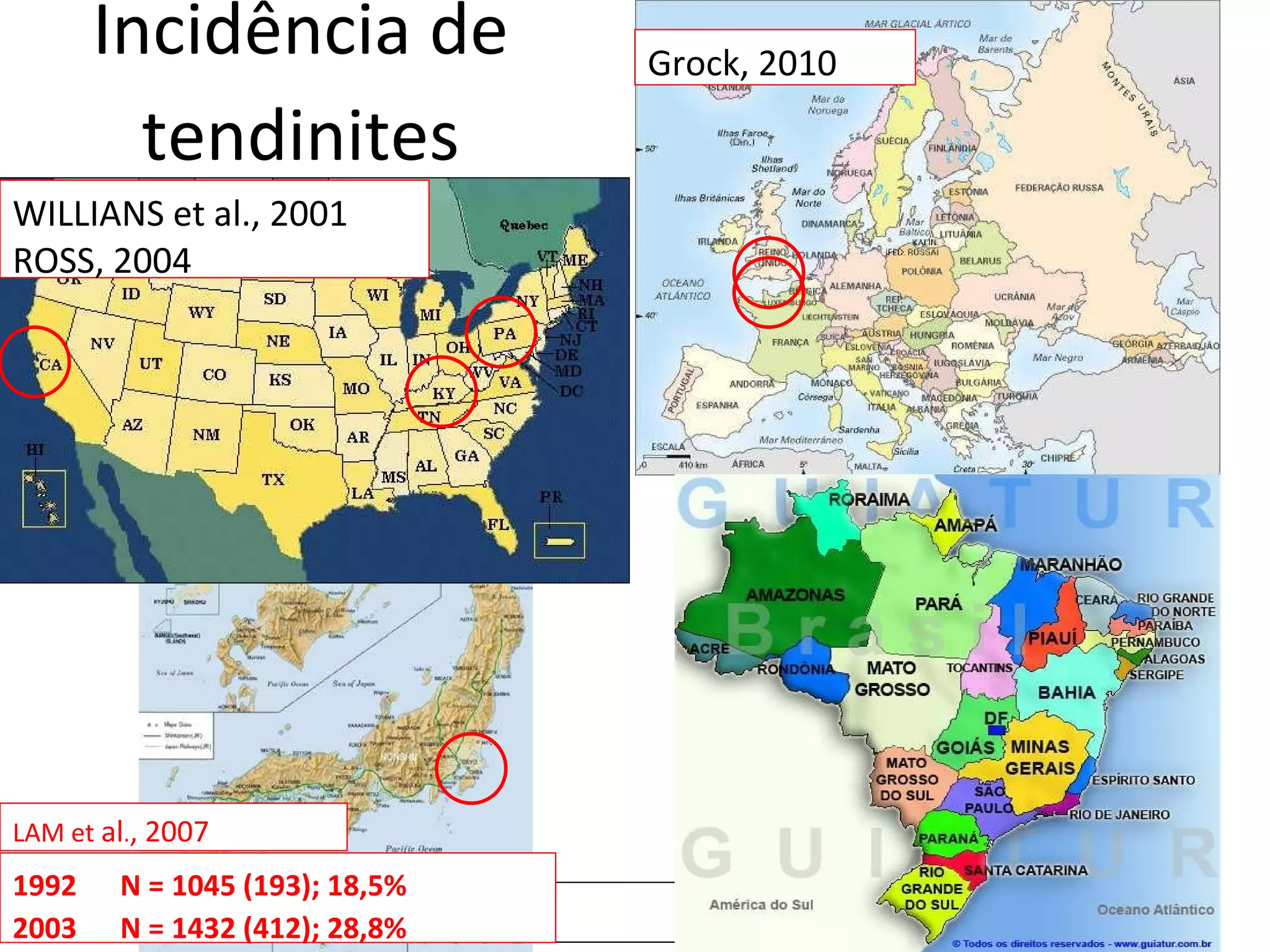 Incidência de tendinites WILLIANS et al., 2001 ROSS, 2004 1992   N = 1045 (193); 18,5%  2003   N = 1432 (412); 28,8%  LAM et  al . , 2007 Grock, 2010 