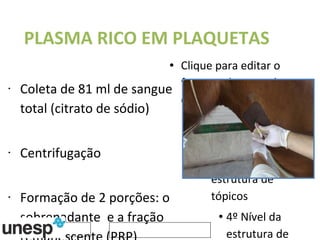 PLASMA RICO EM PLAQUETAS Coleta de 81 ml de sangue total (citrato de sódio) Centrifugação Formação de 2 porções: o sobrenadante  e a fração remanescente (PRP) Remoção de 50% do plasma sobrenadante e posterior centrifugação. 