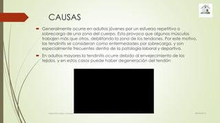 CAUSAS
 Generalmente ocurre en adultos jóvenes por un esfuerzo repetitivo o
sobrecarga de una zona del cuerpo. Esto provoca que algunos músculos
trabajen más que otros, debilitando la zona de los tendones. Por este motivo,
las tendinitis se consideran como enfermedades por sobrecarga, y son
especialmente frecuentes dentro de la patología laboral y deportiva.
 En adultos mayores la tendinitis ocurre debido al envejecimiento de los
tejidos, y en estos casos puede haber degeneración del tendón
28/04/2015valentina rosero vanegas
 