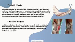 También denominada bursitis epitroclear, epicondilitis lateral o codo de tenista,
consiste en la inflamación y el dolor en la cara lateral externa del brazo, alrededor
del codo. Puede haber un desgarro parcial de las fibras del tendón, que conectan el
músculo al hueso en o cerca de su punto de origen en el exterior del codo.
La lesión está causada por el giro repetitivo de la muñeca o el antebrazo
Tendinitis del codo
se debe a una lesión en el tendón rotuliano, que conecta la rótula con la tibia. La
también conocida como “rodilla de saltador” no solo se da en deportistas, sino
también en aquellos que realizan de forma repetida saltos o movimientos de
desgaste para la rodilla.
Tendinitis Rotuliana
Descargado por Fiorenza Salazar
(fiorenzasalazar1234@gmail.com)
Encuentra más documentos en www.udocz.com
 