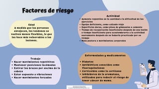 Edad
A medida que las personas
envejecen, los tendones se
vuelven menos flexibles, lo que
los hace más vulnerables a las
lesiones.
Hacer movimientos repetitivos
Mantener posiciones incómodas
Estirar los brazos por encima de la
cabeza
Estar expuesto a vibraciones
Hacer movimientos forzados
Trabajo
Aumento repentino en la cantidad o la dificultad de los
ejercicios
Equipo deficiente, como calzado viejo
Superficies duras, como pisos de gimnasios o cemento
Tiempo de recuperación insuficiente después de una lesión
o tiempo insuficiente para acostumbrarte a la actividad
nuevamente después de no haberla practicado por un
tiempo
Mala postura o movimientos corporales
Actividad
Diabetes
Antibióticos conocidos como
fluoroquinolonas
Corticoides como la cortisona
Inhibidores de la aromatasa,
utilizados para reducir el riesgo de
tener cáncer de mama.
Enfermedades y medicamentos
Descargado por Fiorenza Salazar
(fiorenzasalazar1234@gmail.com)
Encuentra más documentos en www.udocz.com
 