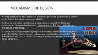 MECANISMO DE LESIÓN
 Se cree que la rodilla de saltador está provocada por estrés repetitivo en el tendón
de la rótula o del cuádriceps durante el salto.
 Se trata de una lesión específica de los deportistas, especialmente los que
participan en deportes de salto como baloncesto, voleibol, o saltadores
de altura o longitud.
 La única alteración biomecánica prospectiva vinculada a la rodilla de saltador es la
pobre flexibilidad de los músculos cuádriceps e isquiotibiales. La habilidad en el
salto vertical, así como la técnica de saltar y aterrizar, se cree que influyen en la
carga del tendón.
 