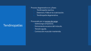 Tendinopatías
• Proceso degenerativo en 3 fases:
1. Tendinopatía reactiva.
2. Deterioro / Falla en la cicatrización.
3. Tendinopatía degenerativa.
• Provocado por un exceso de carga:
Sobrecarga compresiva.
Estiramiento excesivo del músculo.
Tensión aguda.
Contracción muscular mantenida.
 