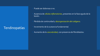 Tendinopatías
• Puede ser dolorosa o no.
• Ausencia de células inflamatorias, presentes en la fase aguda de la
lesión.
• Pérdida de continuidad y desorganización del colágeno.
• Incremento de la sustancia fundamental.
• Aumento de la vascularidad, con presencia de fibroblastos.
 