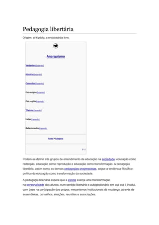 Pedagogia libertária
Origem: Wikipédia, a enciclopédia livre.
Anarquismo
Vertentes[Expandir]
História[Expandir]
Conceitos[Expandir]
Estratégias[Expandir]
Por região[Expandir]
Tópicos[Expandir]
Listas[Expandir]
Relacionados[Expandir]
Portal • Categoria
v • e
Podem-se definir três grupos de entendimento da educação na sociedade: educação como
redenção, educação como reprodução e educação como transformação. A pedagogia
libertária, assim como as demais pedagogias progressistas, segue a tendência filosófico-
política da educação como transformação da sociedade.
A pedagogia libertária espera que a escola exerça uma transformação
na personalidade dos alunos, num sentido libertário e autogestionário em que ela o institui,
com base na participação dos grupos, mecanismos institucionais de mudança, através de
assembléias, conselhos, eleições, reuniões e associações.
 