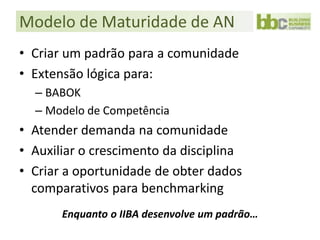 Modelo de Maturidade de AN
• Criar um padrão para a comunidade
• Extensão lógica para:
  – BABOK
  – Modelo de Competência
• Atender demanda na comunidade
• Auxiliar o crescimento da disciplina
• Criar a oportunidade de obter dados
  comparativos para benchmarking
       Enquanto o IIBA desenvolve um padrão…
 