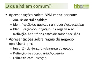 O que há em comum?
• Apresentações sobre BPM mencionaram:
  – Análise de stakeholders
  – Identificação do que cada um quer / expectativas
  – Identificação dos objetivos da organização
  – Definição de critérios antes de tomar decisões
• Apresentações sobre regras de negócio
  mencionaram:
  – Importância do gerenciamento de escopo
  – Definição de vocabulário /glossário
  – Falhas de comunicação
 