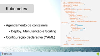 - Agendamento de containers
- Deploy, Manutenção e Scaling
- Configuração declarativa (YAML)
Kubernetes
{
"id": "frontend-controller",
"kind": "ReplicationController",
"apiVersion": "v1beta1",
"desiredState": {
"replicas": 3,
"replicaSelector": {"name": "frontend"},
"podTemplate": {
"desiredState": {
"manifest": {
"version": "v1beta1",
"id": "frontend-controller",
"containers": [{
"name": "php-redis",
"image": "kubernetes/example-guestbook-
php-redis",
"cpu": 100,
"memory": 50000000,
"ports": [{
"containerPort": 80,
"hostPort": 8000
}]
}]
}
},
"labels": {
"name": "frontend",
"uses": "redisslave,redis-master"
}
}},
"labels": {"name": "frontend"}
}
 