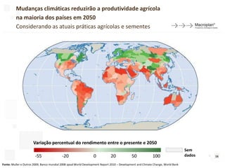 Mudanças climáticas reduzirão a produtividade agrícola
         na maioria dos países em 2050
         Considerando as atuais práticas agrícolas e sementes




                      Variação percentual do rendimento entre o presente e 2050
                                                                                                                                  Sem
                       -55                 -20                   0            20             50             100                   dados   16

Fonte: Muller e Outros 2009; Banco mundial 2008 apud World Development Report 2010 – Development and Climate Change, World Bank
 