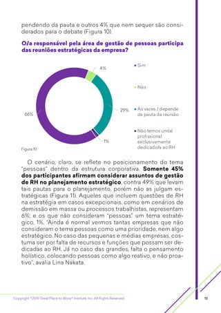 Copyright ©2019 Great Place to Work® Institute, Inc. All Rights Reserved 13
66%
4%
29%
1%
Sim
Não
Às vezes / depende
da pauta da reunião
Não temos um(a)
profissional
exclusivamente
dedicado/a ao RH
O/a responsável pela área de gestão de pessoas participa
das reuniões estratégicas da empresa?
Figura 10
pendendo da pauta e outros 4% que nem sequer são consi-
derados para o debate (Figura 10).
O cenário, claro, se reflete no posicionamento do tema
“pessoas” dentro da estrutura corporativa. Somente 45%
dos participantes afirmam considerar assuntos de gestão
de RH no planejamento estratégico, contra 49% que levam
tais pautas para o planejamento, porém não as julgam es-
tratégicas (Figura 11). Aqueles que incluem questões de RH
na estratégia em casos excepcionais, como em cenários de
demissão em massa ou processos trabalhistas, representam
6%; e os que não consideram “pessoas” um tema estraté-
gico, 1%. “Ainda é normal vermos tantas empresas que não
consideram o tema pessoas como uma prioridade, nem algo
estratégico. No caso das pequenas e médias empresas, cos-
tuma ser por falta de recursos e funções que possam ser de-
dicadas ao RH. Já no caso das grandes, falta o pensamento
holístico, colocando pessoas como algo reativo, e não proa-
tivo”, avalia Lina Nakata.
 