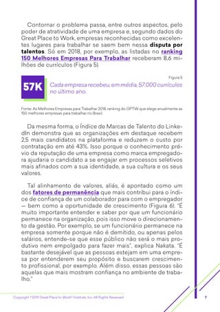 Copyright ©2019 Great Place to Work® Institute, Inc. All Rights Reserved 7
Contornar o problema passa, entre outros aspectos, pelo
poder de atratividade de uma empresa e, segundo dados do
Great Place to Work, empresas reconhecidas como excelen-
tes lugares para trabalhar se saem bem nessa disputa por
talentos. Só em 2018, por exemplo, as listadas no ranking
150 Melhores Empresas Para Trabalhar receberam 8,6 mi-
lhões de currículos (Figura 5).
Da mesma forma, o Índice de Marcas de Talento do Linke-
dIn demonstra que as organizações em destaque recebem
2,5 mais candidatos na plataforma e reduzem o custo por
contratação em até 43%. Isso porque o conhecimento pré-
vio da reputação de uma empresa como marca empregado-
ra ajudaria o candidato a se engajar em processos seletivos
mais afinados com a sua identidade, a sua cultura e os seus
valores.
Tal alinhamento de valores, aliás, é apontado como um
dos fatores de permanência que mais contribui para o índi-
ce de confiança de um colaborador para com o empregador
— bem como a oportunidade de crescimento (Figura 6). “É
muito importante entender e saber por que um funcionário
permanece na organização, pois isso move o direcionamen-
to da gestão. Por exemplo, se um funcionário permanece na
empresa somente porque não é demitido, ou apenas pelos
salários, entende-se que esse público não será o mais pro-
dutivo nem empolgado para fazer mais”, explica Nakata. “É
bastante desejável que as pessoas estejam em uma empre-
sa por entenderem seu propósito e buscarem crescimen-
to profissional, por exemplo. Além disso, essas pessoas são
aquelas que mais mostram confiança no ambiente de traba-
lho.”
Cadaempresarecebeu,emmédia,57.000currículos
no último ano.
57K
Figura 5
Fonte: As Melhores Empresas para Trabalhar 2018, ranking do GPTW que elege anualmente as
150 melhores empresas para trabalhar no Brasil.
 