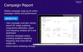 Campaign Report
56
Holistic campaign wrap-up for online
campaign metrics and performance
BENEFITS
• View campaign overview...