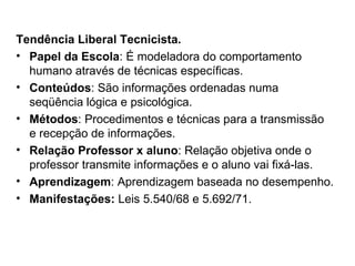 Tendência Liberal Tecnicista. Papel da Escola : É modeladora do comportamento humano através de técnicas específicas. Conteúdos : São informações ordenadas numa seqüência lógica e psicológica. Métodos : Procedimentos e técnicas para a transmissão e recepção de informações. Relação Professor x aluno : Relação objetiva onde o professor transmite informações e o aluno vai fixá-las. Aprendizagem : Aprendizagem baseada no desempenho. Manifestações:  Leis 5.540/68 e 5.692/71. 